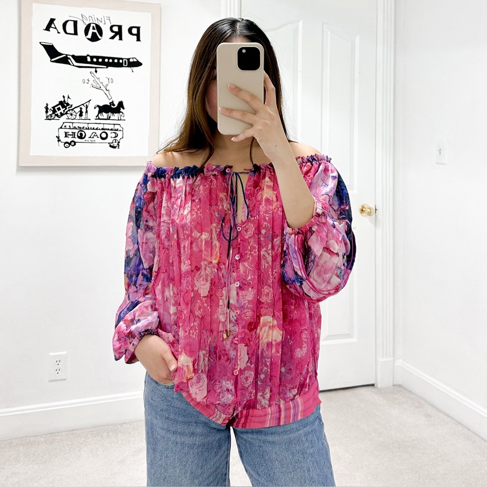 Roberto Cavalli Off the Shoulder 100% Silk Peasant Blouse in Pink and Blue